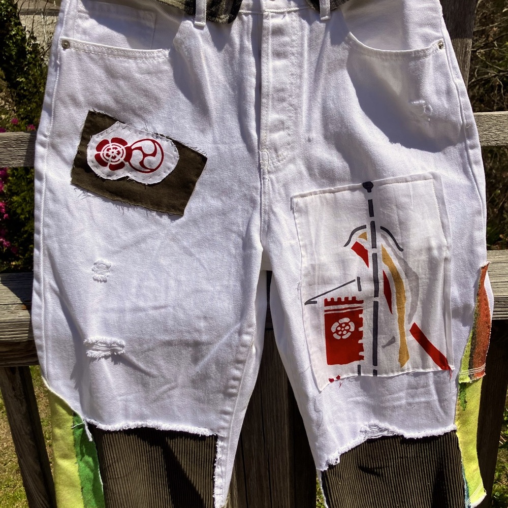 Upcycled white denim capris